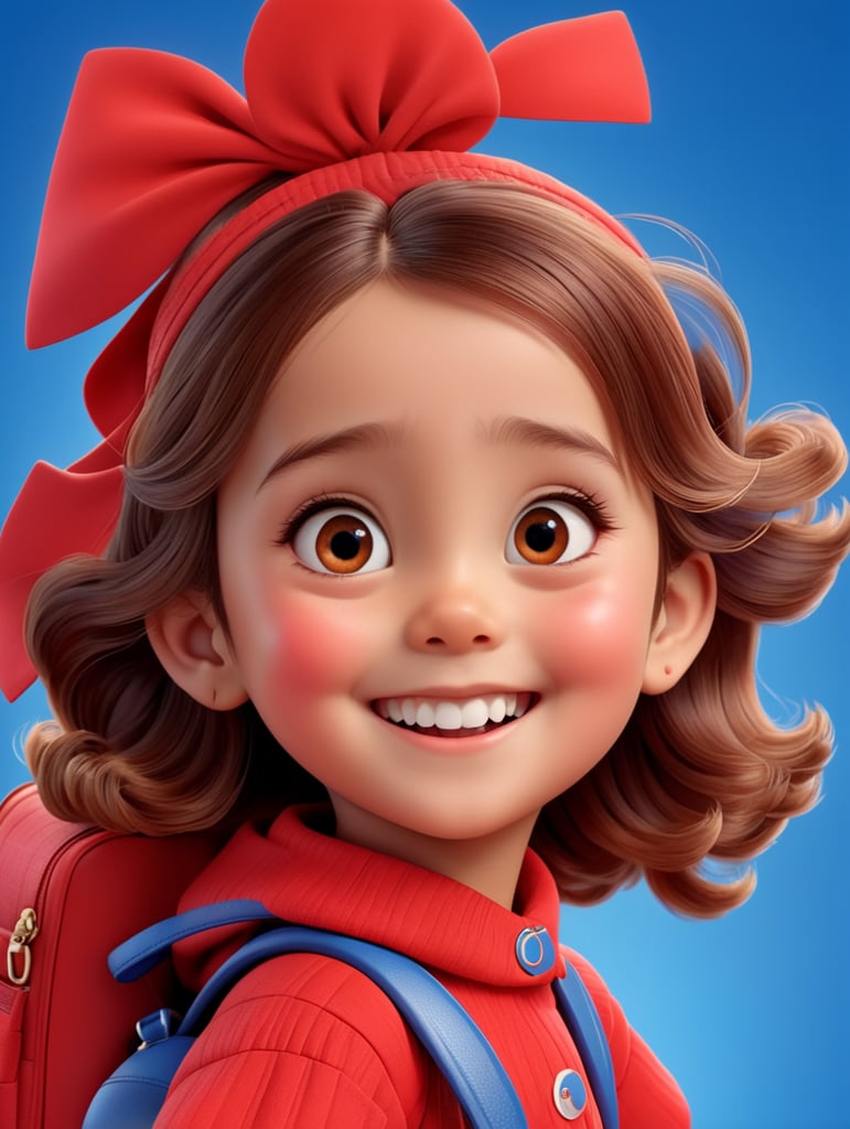 photo happy little girl going to travel, cute girl, dressed in all red, blue background, harpers bizarre, cover, headshot, hyper realistic