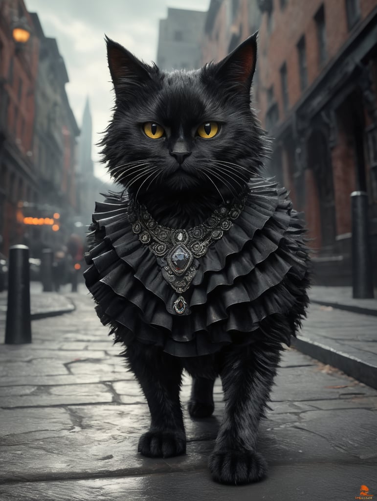 petit chat noir ébouriffé rock badass punk se promenant dans la ville rendu 3d style pixar