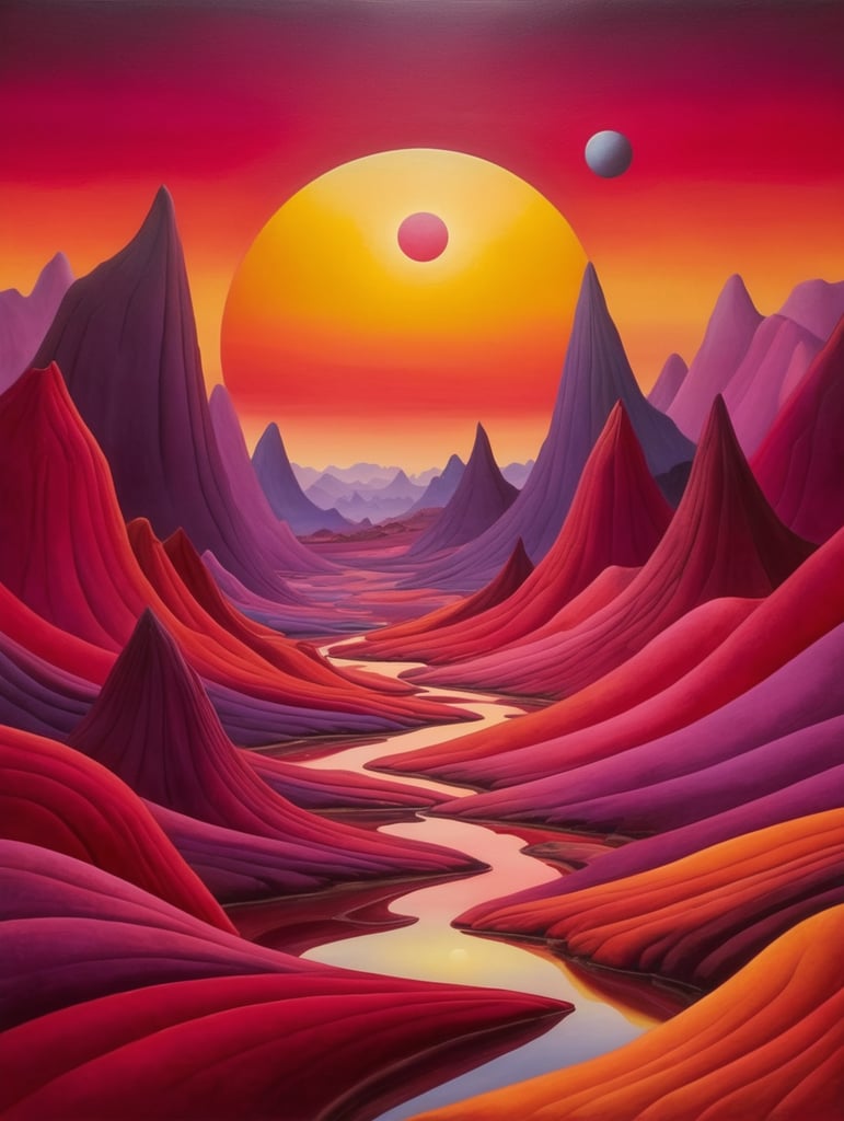 Georgia O'keefe alien landscape with apocalyptic sunset red yellow purple magenta. several small planets are faintly visible in the sky.