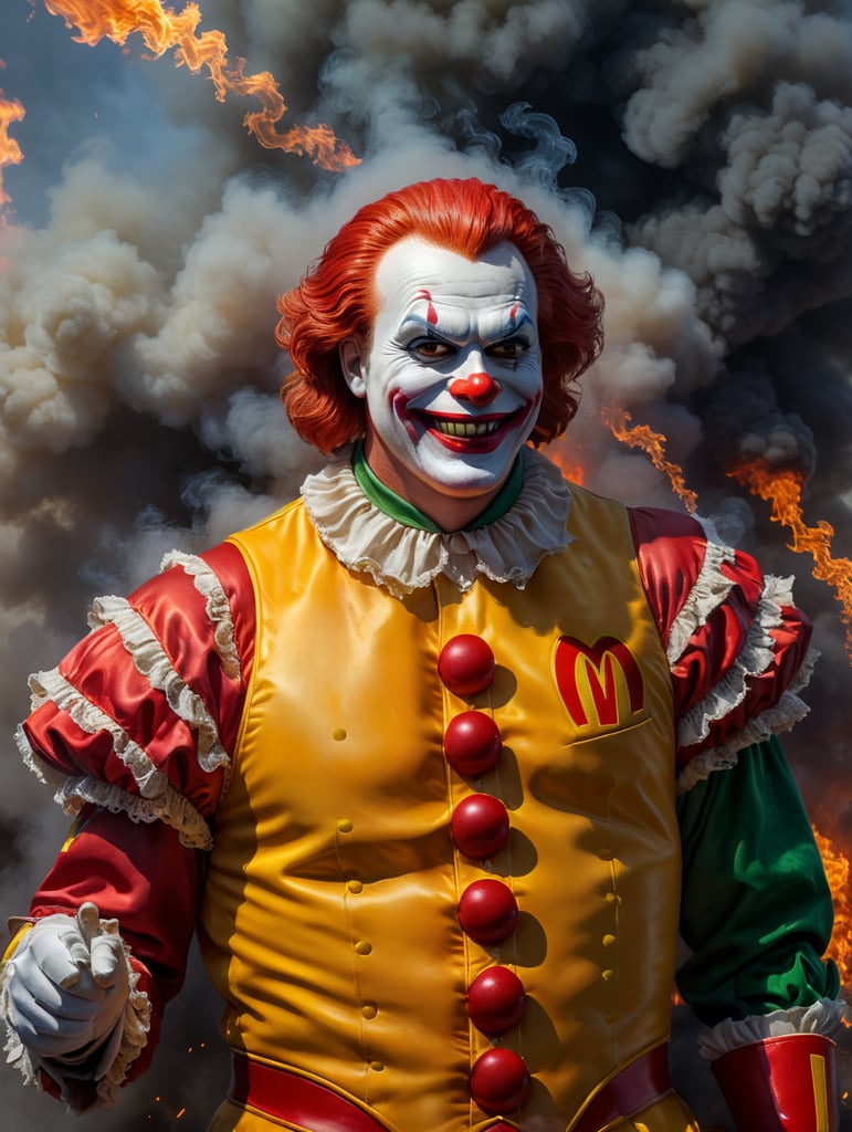 Ronald McDonald with a face of a Joker, smiling creepily smoke and fire behind his back