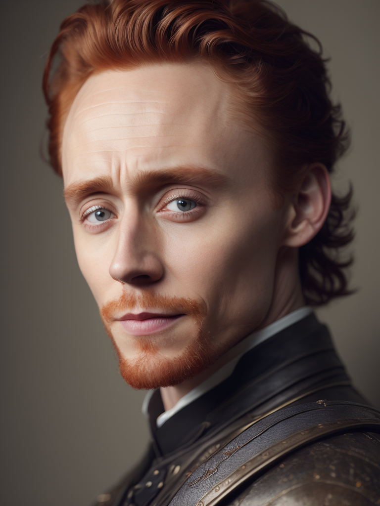 Portrait of Tom hiddleston with red hair in medieval style, detailed face, contrasting light