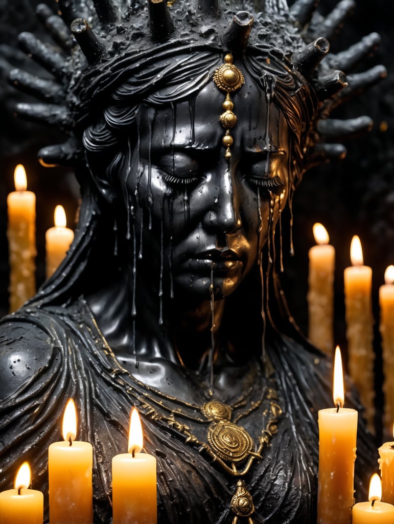 a photo of the statue of the personification of grief covered with candles and hot wax, covering the face with its hands, black tears dripping from the cheeks, the whole statue is covered in dense cobwebs and grease, higly detailed, black isolatet cave, tarnished, grunge, glowing cracks