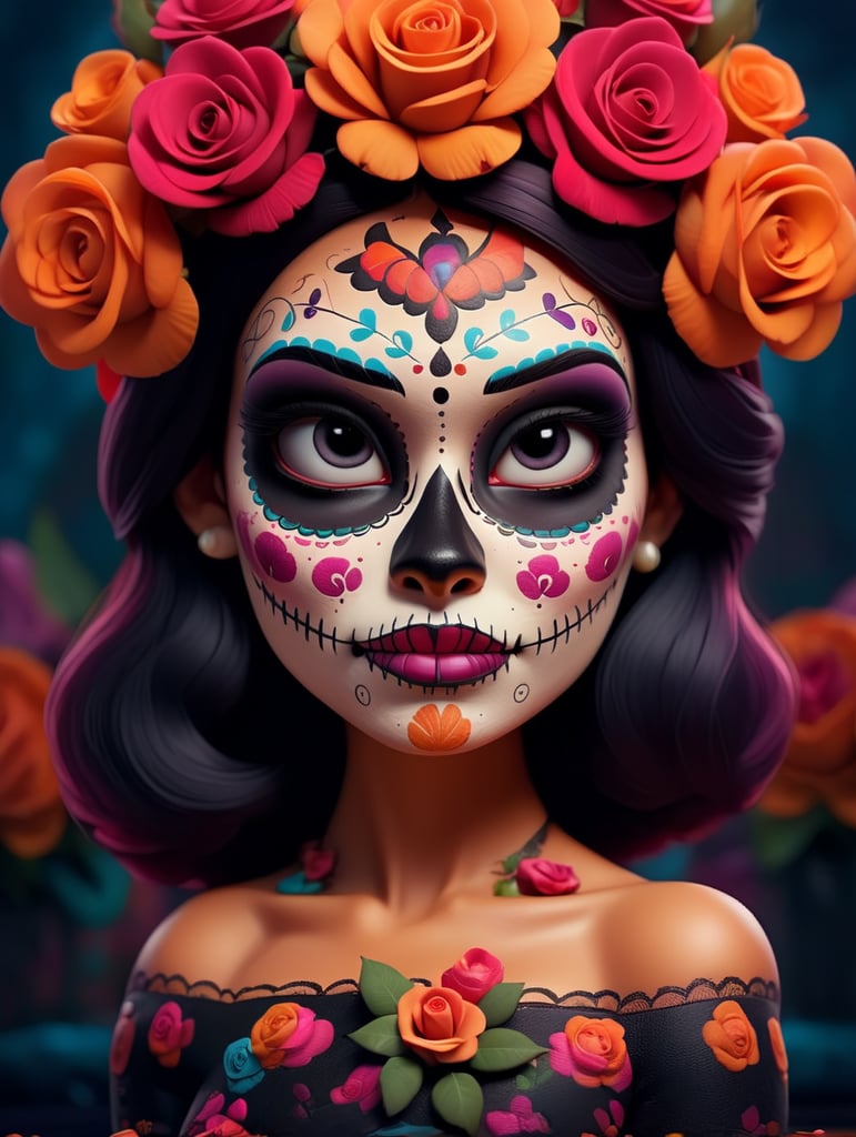 Portrait of Mexican beautiful catrina with roses on head Sugar skull makeup for day of dead in Mexico Dia de los muertos