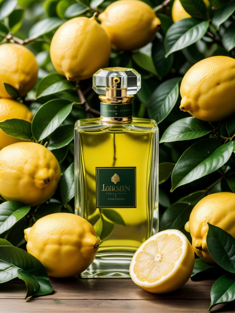 professional photography of a luxury perfume, lemon fruits around, lemon forest, green satin scarf, no label, clear, mockup