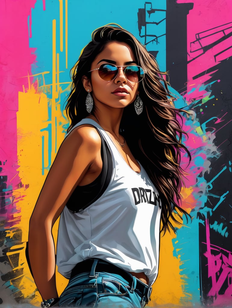 Poster style illustration of a Latina brunette teenage girl in defiant pose with urban art in the background, Mexico City. Street art style, poster, Banksy style. neon colors, rim light