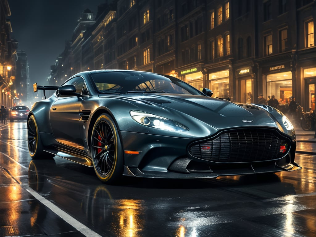 dark grey aston martin racing through city at night