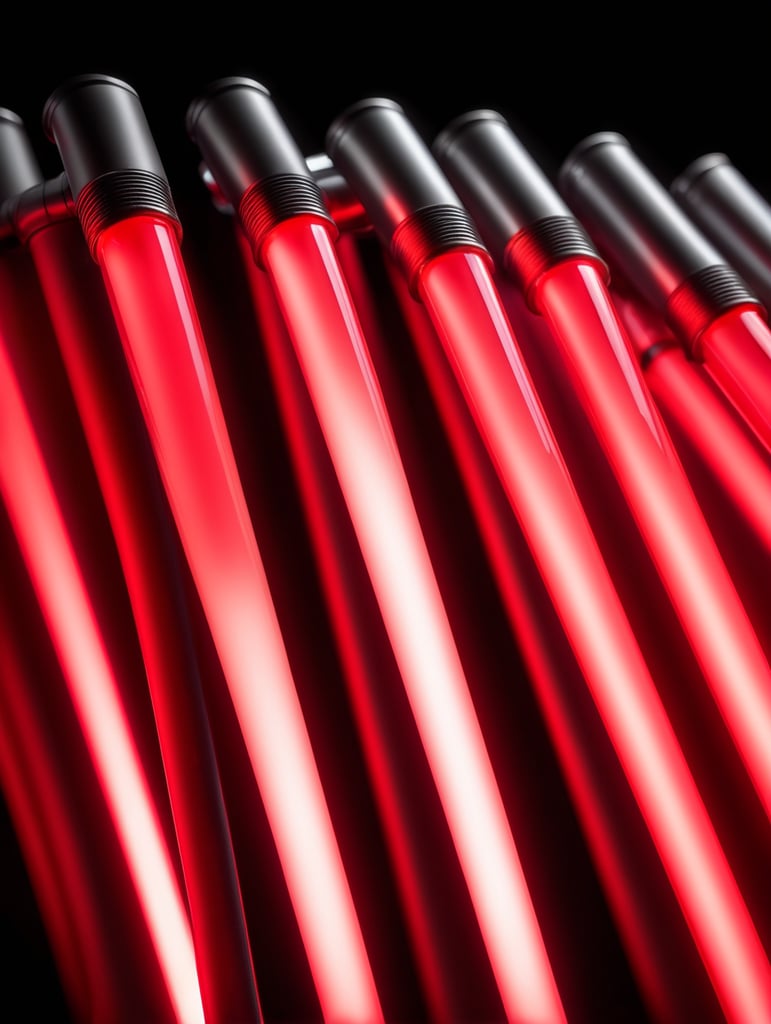 Close-up photo of a neon tube glowing with a bright red light, isolated, black background