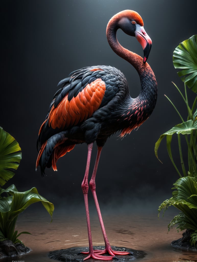 one black flamingo balanced