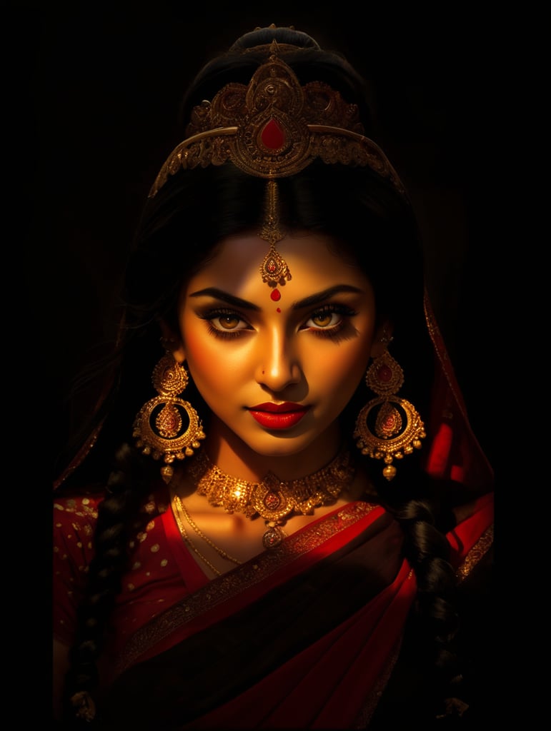 Maa Durga Bengal, rich beautiful sari, bright makeup, golden jewelry, long black hair, brown eyes, red lips.