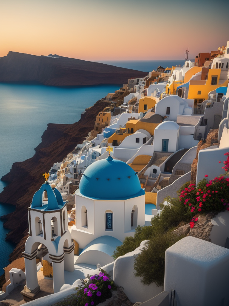 Landscape Greece Santorini, Vibrant colors, High detail, Azure sea, Mountains
