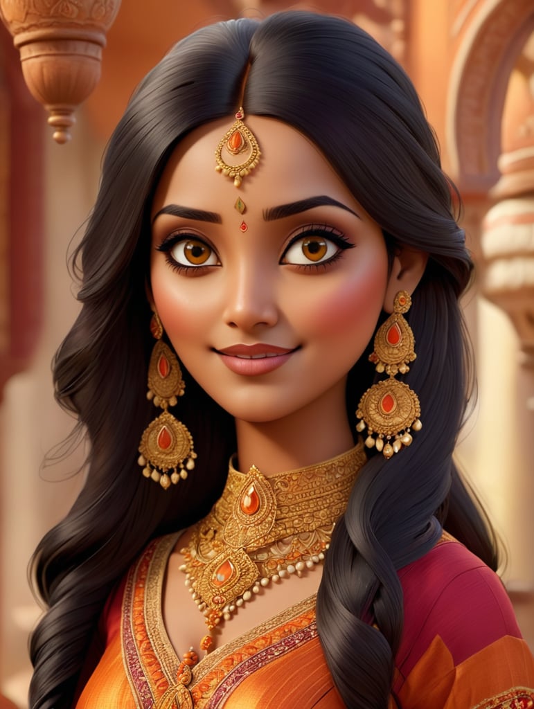 3D cartoon Disney character portrait render. A stunning Indian beauty, adorned in traditional Selvaar Kameej clothes, which accentuate her hourglass figure and graceful movements. Her long, black hair cascades down her back in gentle waves, framing her flawless, warm-toned complexion. Her piercing dark eyes seem to hold a world of wisdom and beauty, captivating the viewer instantly. She wears a sleeveless, off-white blouse with intricate embroidery at the neckline and cuffs, complemented by a pair of flowy, ankle-length pants in a rich shade of burgundy. The pants are fashioned from fine, silky material and feature intricate gold embroidery running along the hem, drawing attention to her slender legs. A thin gold belt accentuates her narrow waist, further enhancing her feminine figure. Around her head, she wears a bright orange and gold stole, draped artfully over her shoulders and cascading down her back. Jewelry adorns her ears, neck, wrists, and fingers, with a large, intricately designed gold pendant hang