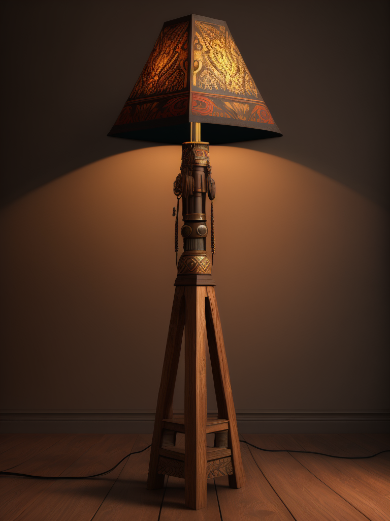 Floor lamp with carved wooden leg, first nation motives, north america redskin