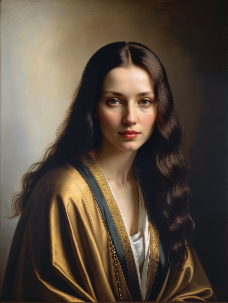 A masterpiece portrait by Rembrandt Van Rijn of a beautiful saint woman, straight hair