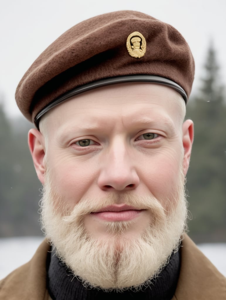 Albino man with a brown beard wearing a beret of the same beard color, square jaw shape