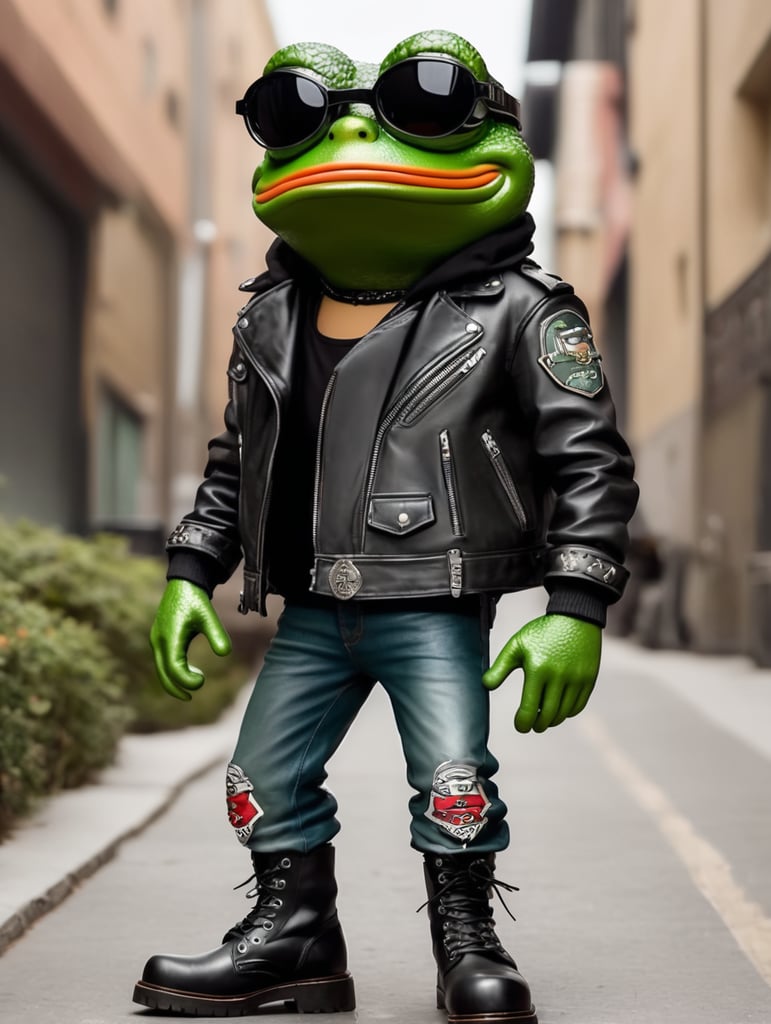 Pepe the frog metalhead with leather jacket and army boots