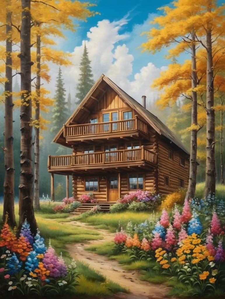 I want pictures of a hand-painted oil painting of a forest full of colorful flowers and a wooden cabin with a wonderful sky and a tree next to the cabin translated into English inside a golden frame suitable to be hung in the living room