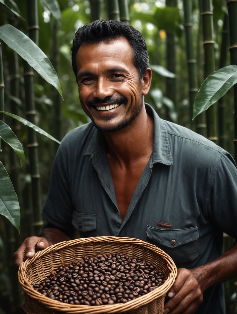 smiling brazilian coffee farmer holding coffee beans in bamboo basket, coffee lover, farm life, coffee harvesting, coffee beans, coffee plantation, fresh harvest, coffee production, handmade coffee, enjoying coffee,