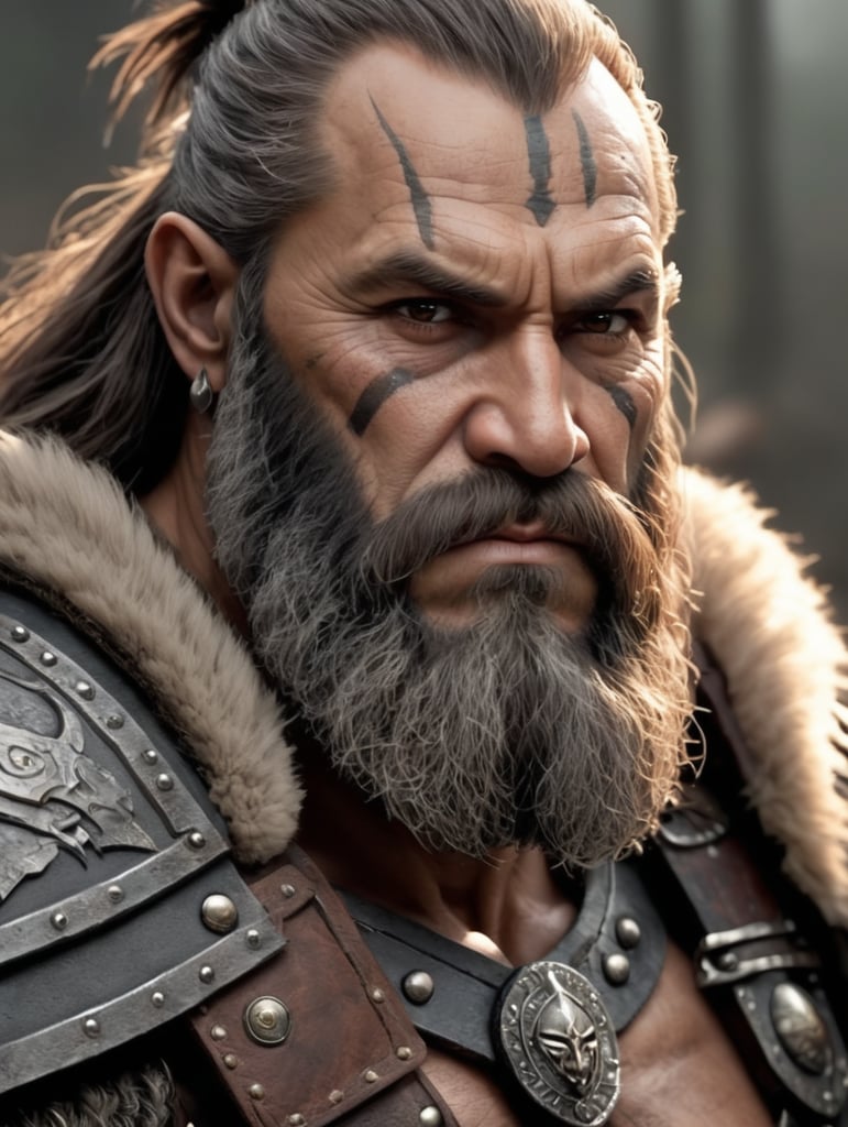 dark fantasy dwarf barbarian, 55 years old, brown hair, long beard, brown eyes, scar under left eye