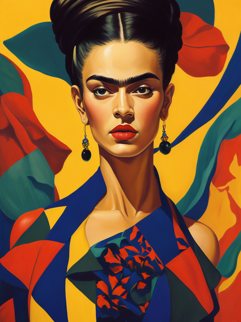 Bold color, vibrant spirit, Frida Kahlo, Tamara de Lempicka, surreal elements, strong features, Mexican and Art Deco influence, radiant energy, acrylics.