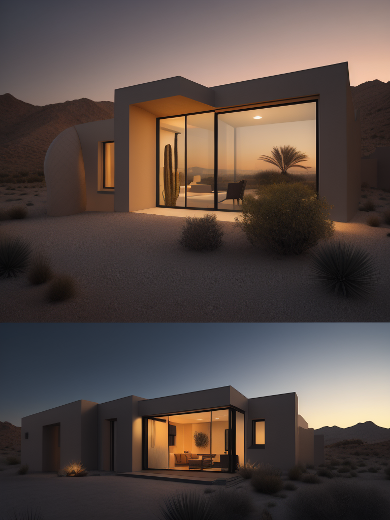 An architectural rendering of a minimal, geometric, curved, sculptural, stucco textured, tan desert abode, sand and clay facade with small carved window openings, wood accents, arched glass door opening, cactus, tumble weed, artificial lighting, desert landscaping, outdoor camp fire, located in Arizona during twilight, hazy horizon