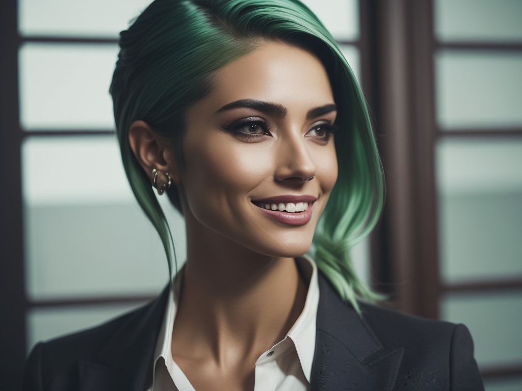 Business woman in office, smile, she has green pastel dyed hair, elegant, strong, fashion