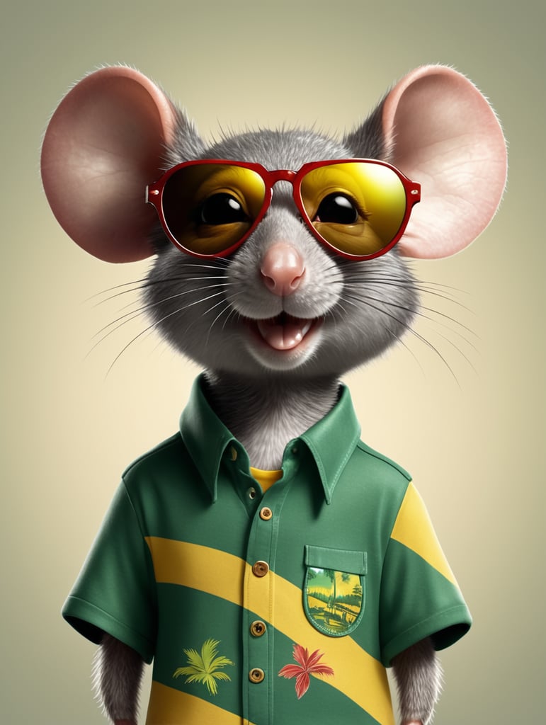 photorealistic, cartoon mouse in a Jamaican shirt and sunglasses