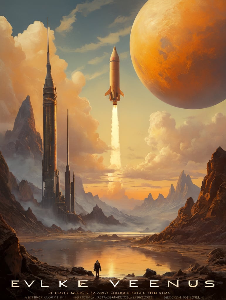 Ein Vintage-Reiseplakat für Venus im Hochformat. Die Szene zeigt die dicken, gelblichen Wolken der Venus mit der Silhouette eines sich nähernden alten Raketenschiffs. Geheimnisvolle Formen deuten auf Berge und Täler unter den Wolken hin. Der untere Text lautet: „Explore Venus: Beauty Behind the Mist“. Das Farbschema besteht aus Gold-, Gelb- und sanften Orangetönen und erweckt ein Gefühl des Staunens.