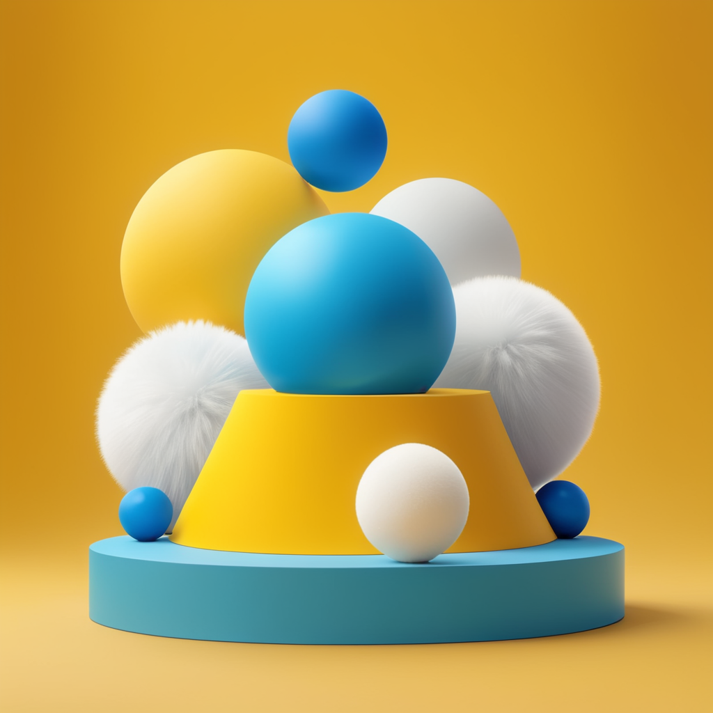 Modern minimal layout podium display with fluffy balls yellow background 3d rendering