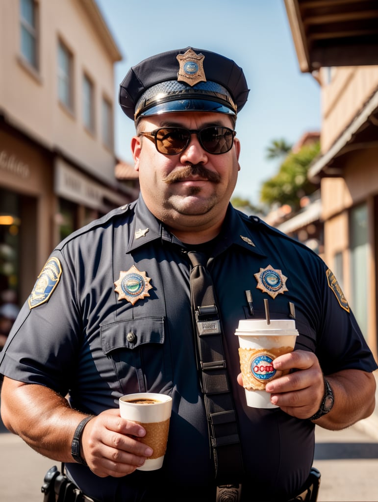 very fat cop with donut and cup of coffee, happy, sunglasses, image, portrait