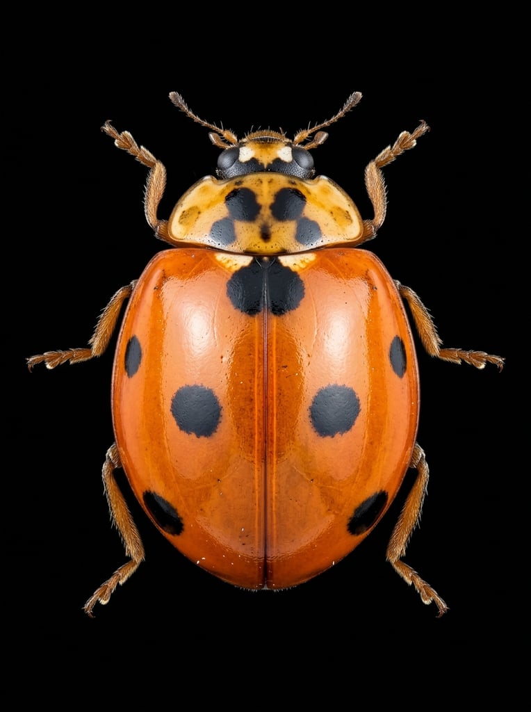Macro photograph of an orange ladybug viewed from directly above against a pure black void, glossy domed elytra decorated with bold black spots and a fine central split line, bright specular highlights revealing a smooth reflective texture, yellowish-orange pronotum featuring a distinct symmetrical black pattern, black head with small white markings, segmented antennae pointing upward, six articulated legs covered in fine bristle-like hairs extending outward, hyper-realistic macro photography, studio lighting, stark contrast, sharp focus, scientific specimen aesthetic