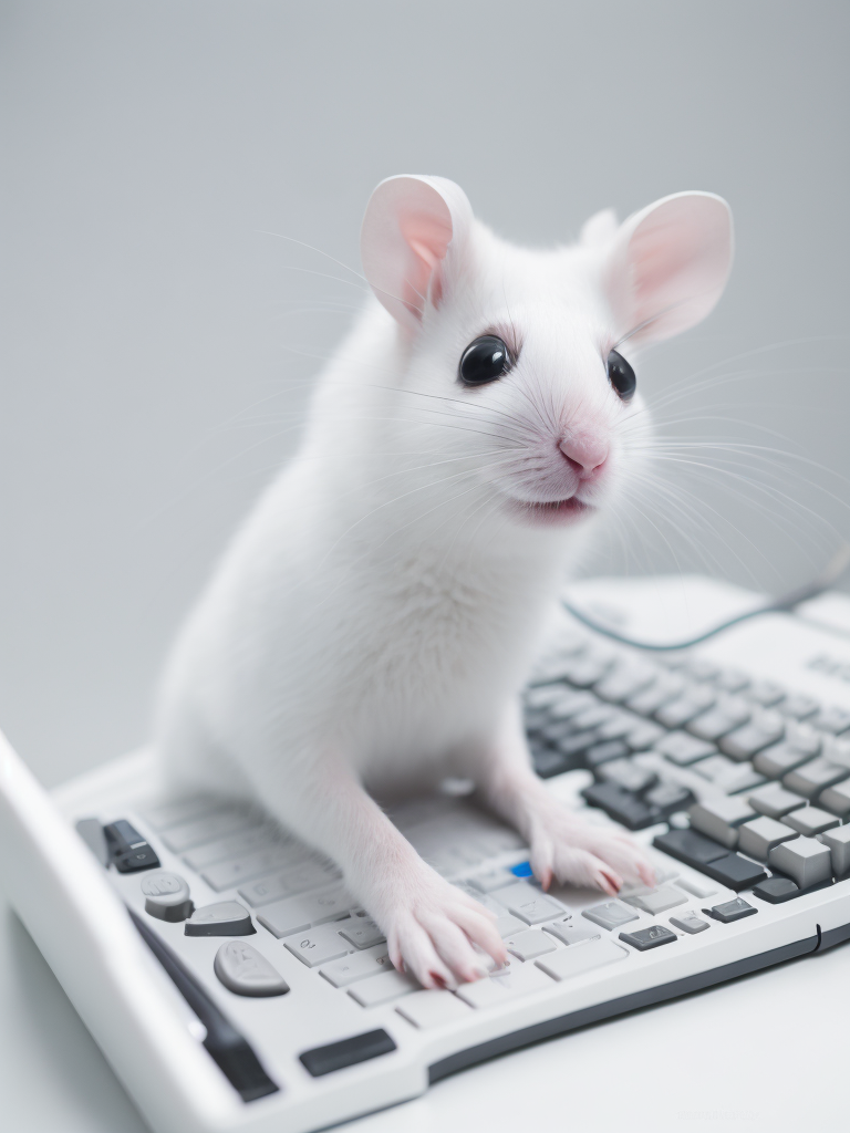 Cute white mouse look like a human stylized as a software engineer near the computer. Large free space on the left half of image. High key. White color.