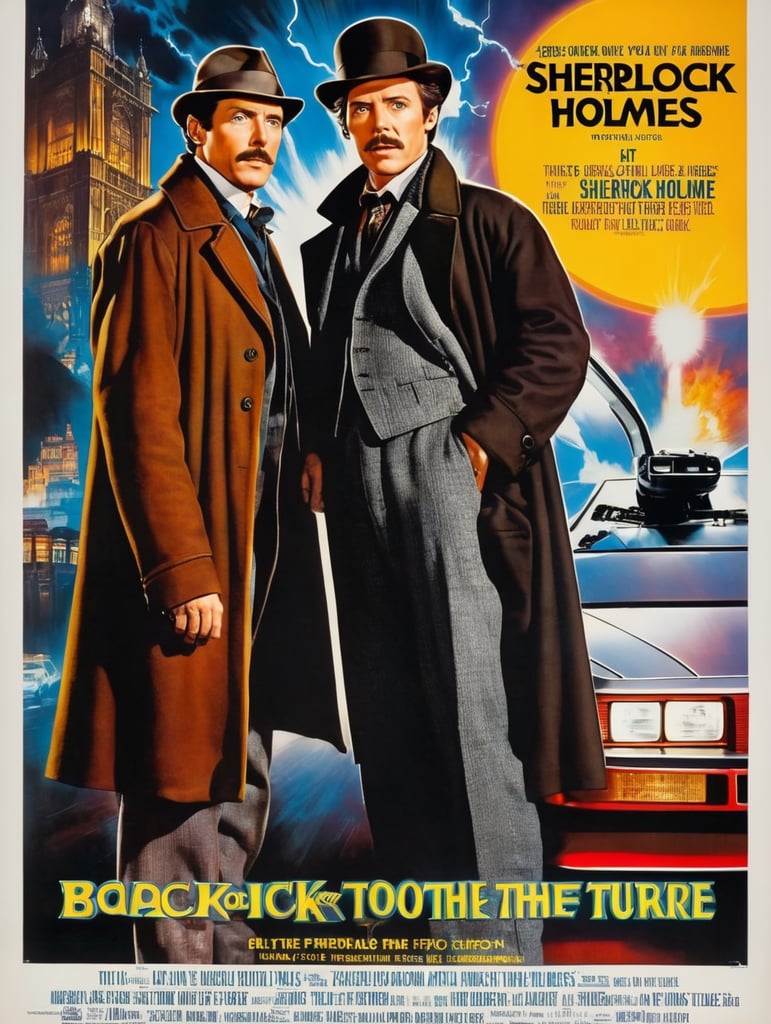 Sherlock Holmes, "back to the future" text on poster