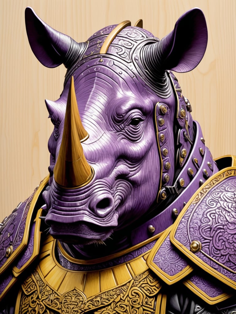 Woodcut portrait of an anthropomorphic rhinoceros superhero wearing samurai armor 3 dimensional relief in lavender and yellow and black and brown woodgrain