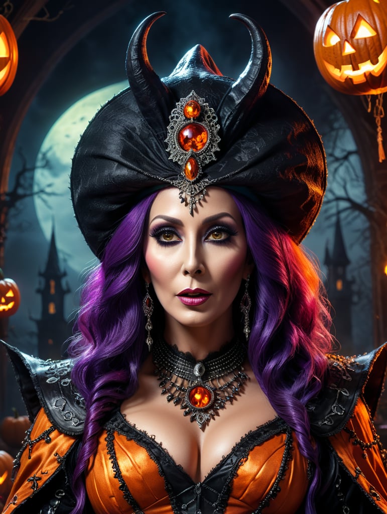 Cher as an evil character wearing creeoy and spooky Halloween costume, Vivid saturated colors, Contrast color