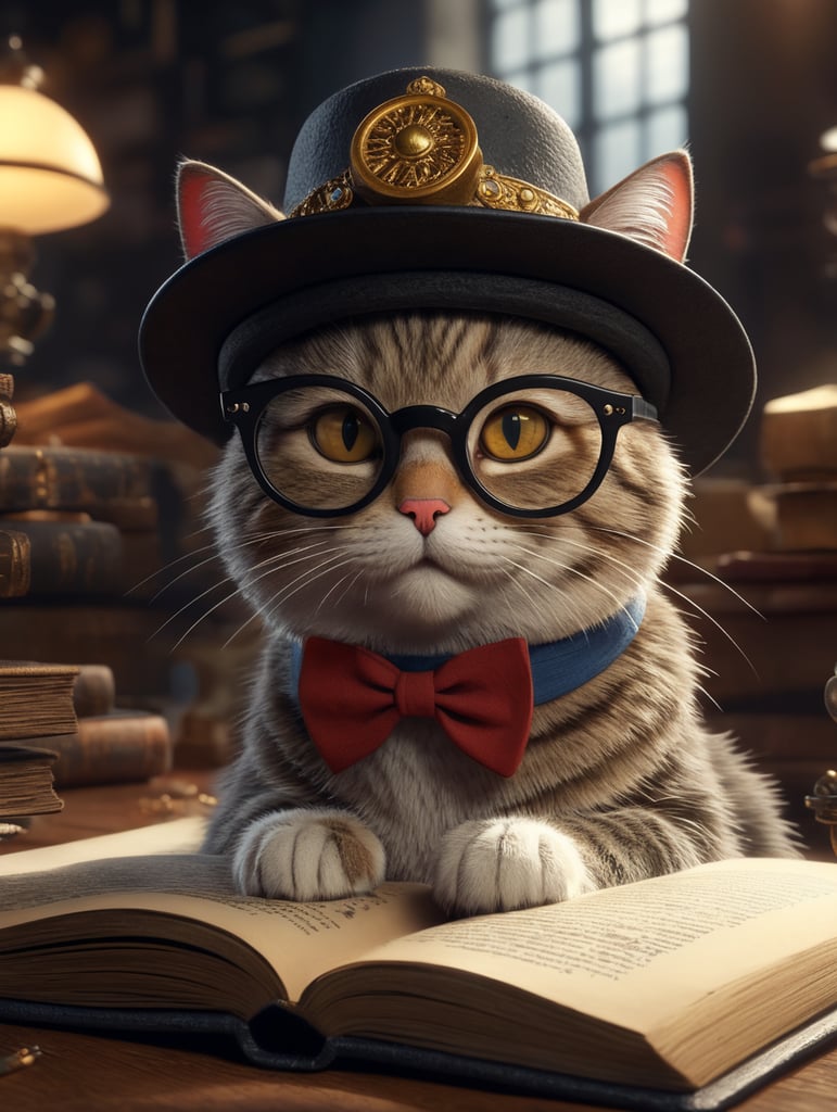 3d animated, cute cat reading, glasses, hat, in the style of pixar, detailed background