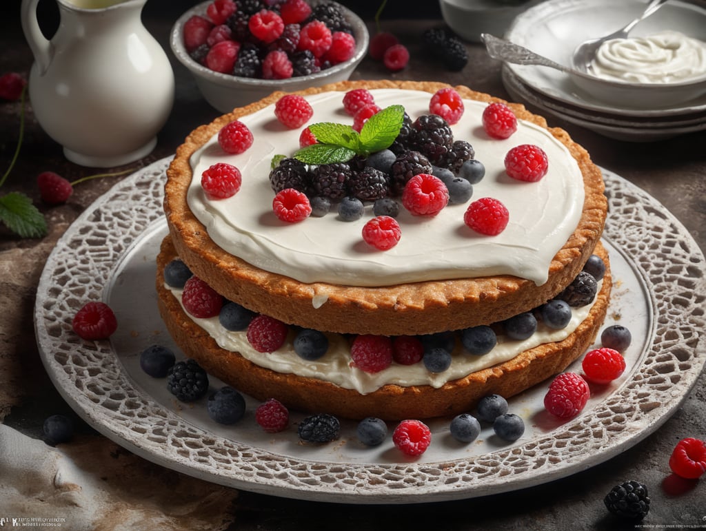 cake, flatbread with white cream and some wild berries