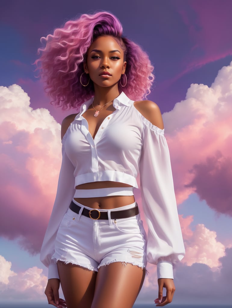 a woman with afro hair and a white shirt is standing in front of a purple sky with clouds and a pink hair, upperbody, midriff, Brom, flat colors, a character portrait, digital art, dark-skinned_female, dark_skin, navel_piercing, off_shoulder, pink_hair, purple_background, sky, long_hair