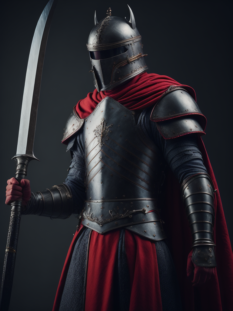 medieval knight holding a large sword, dramatic light, red