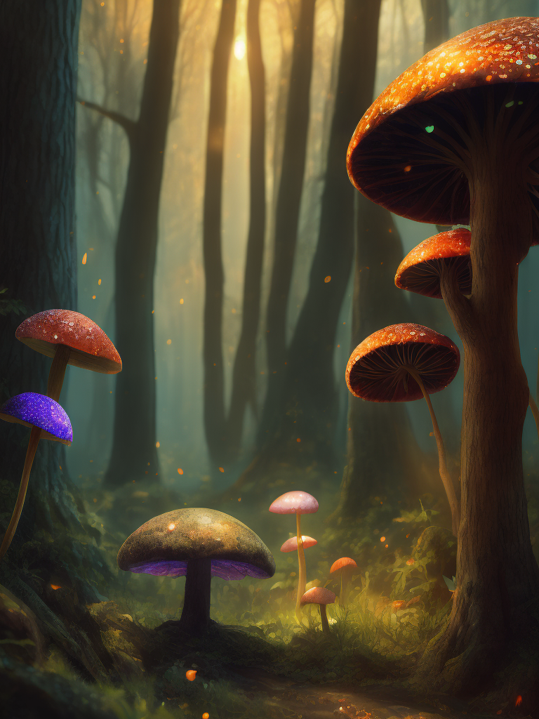 42 mushrooms of various sorts growing under the trees of the fabulous dark mysterious forest. The caps of rainbow mushrooms are covered in glitter and glow from the inside in various acidic colors. Fantastic Poison Mushrooms grow at the foot of the tree. Fairytail style, photorealistic details and clear, sharp and colorful high-resolution picture.