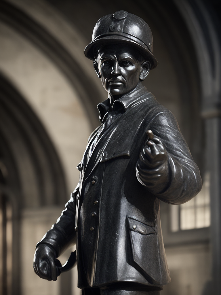 (((black marble statue))) of a english train worker, 1900, dark atmosphere, sharp on details