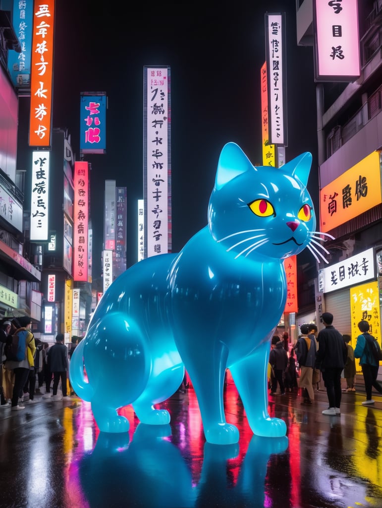 A giant Japanese gummy cat, translucent, 4 stories tall, walking through Tokyo at night, neon rainy city, cyberpunk, techno city