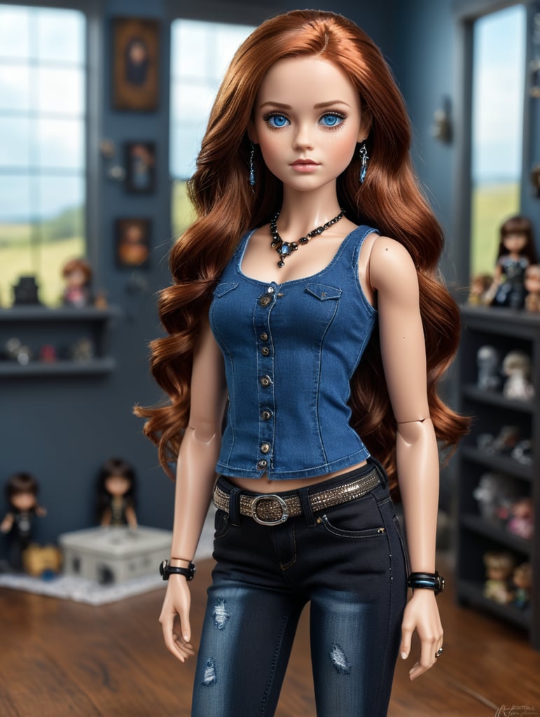 This is Katie, she had brown auburn hair and blue eyes she wears dark wash jeans with a black studded tank and lots of silver jewelry. Make Katie a Blythe Doll with a Blythe doll box.