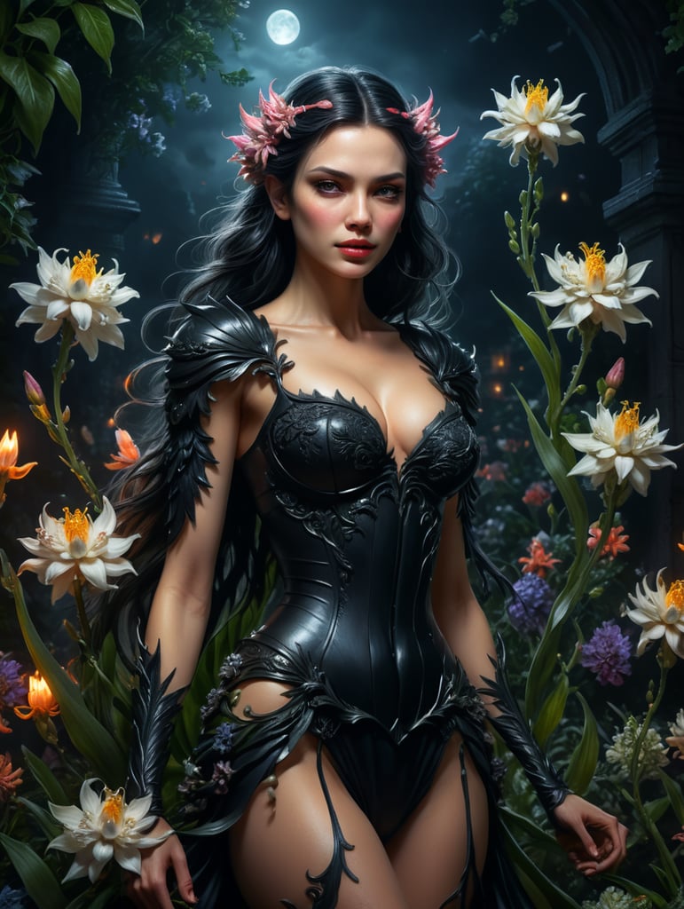 Woman in dark night, flowers and tuberose fairy”.