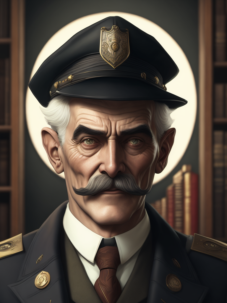 Lovecraftian portrait of a 1920s police detective, gray haired english moustache, bookshelves wide shot, artstation, concept art, illustration, ilya kuvshinov, vintage