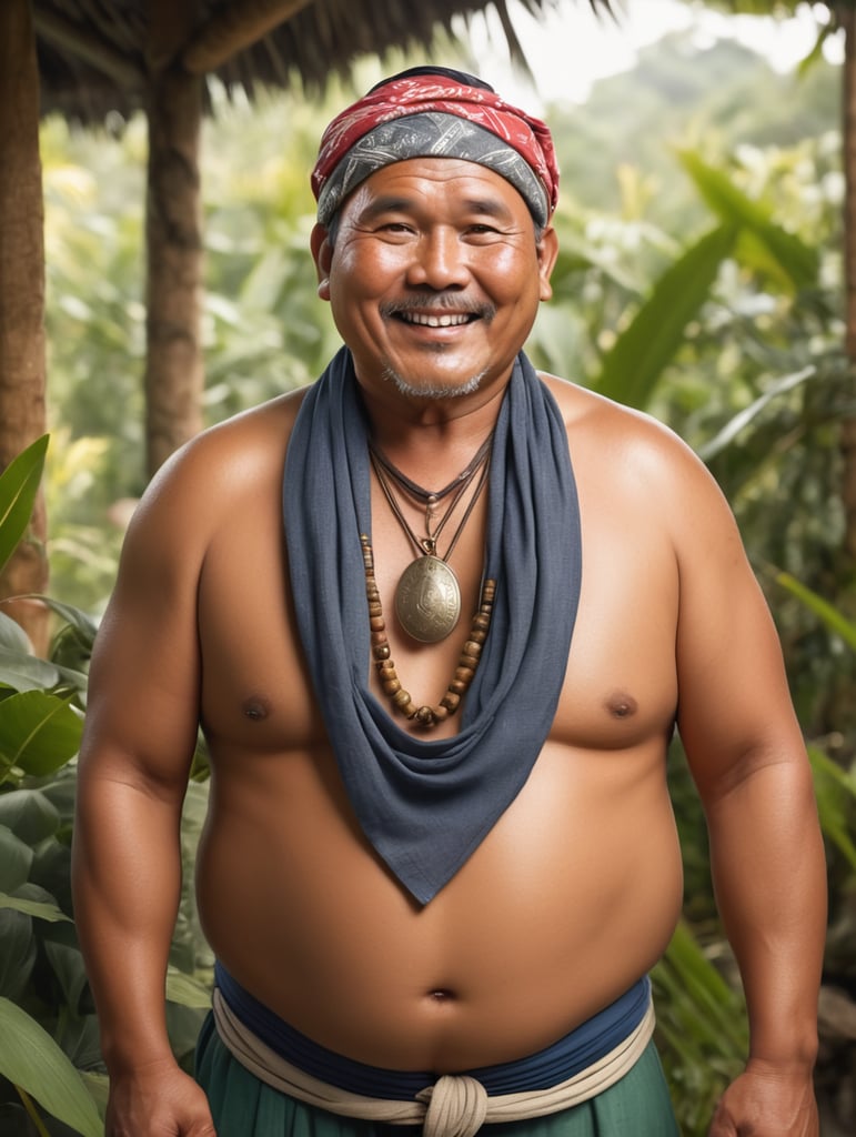 old male chubby filipino healer with bandana. front faced, full body. thick eyebrows. brown skin. wearing an amulet. while selling healing oil and herbal leaves. inside a bahay kubo. cheerful personality