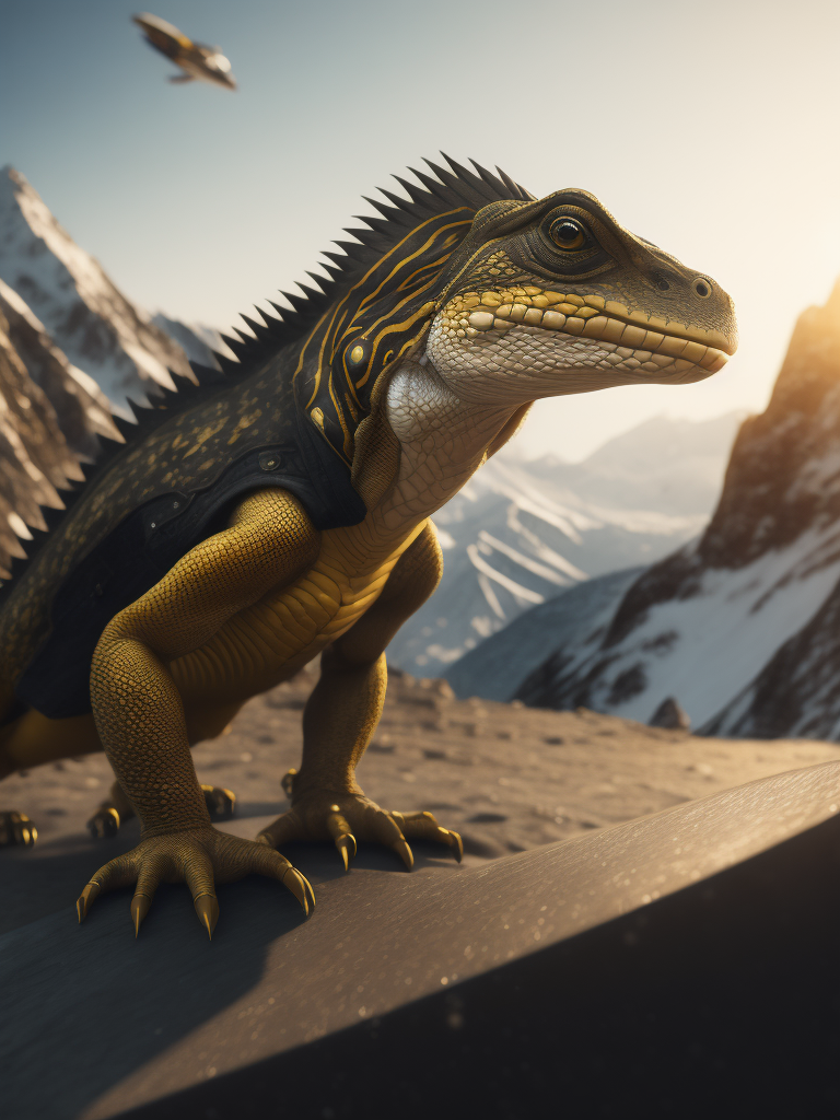 Dramatic Golden lizard snowboarding on top of a mountain. Black snowboard, blizzard in background