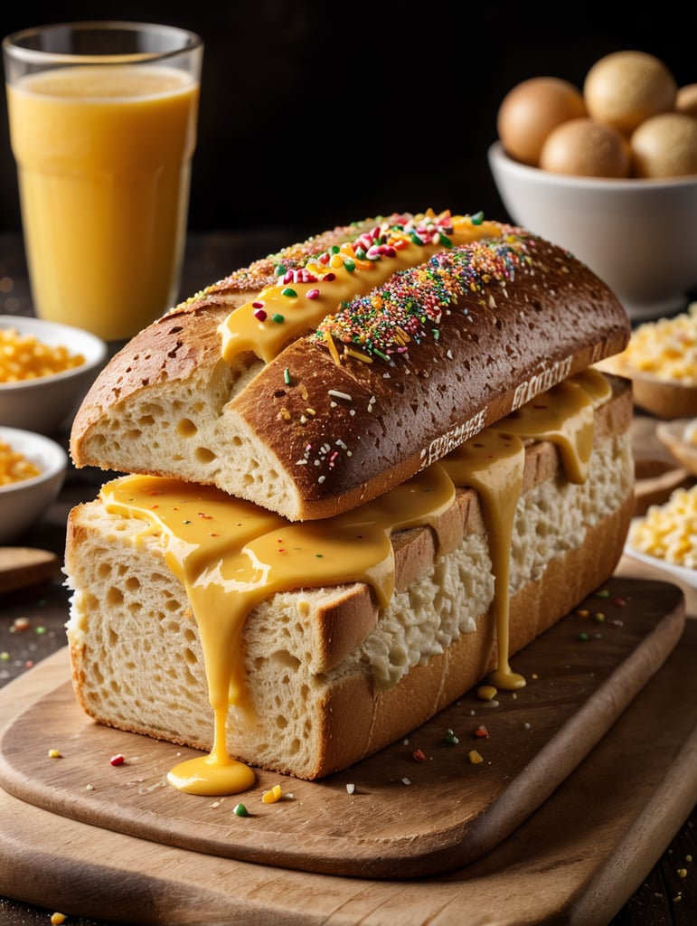 roti long john dengan toping meses dan keju yang melayang jatuh ke roti, shot dengan camera sony a7 mark iii, lensa leica f1.8 77mm, super resolusi