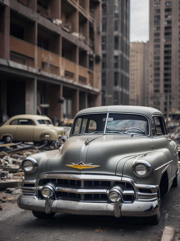 1952 Gray Chevrolet goes through bombed city, world war 2
