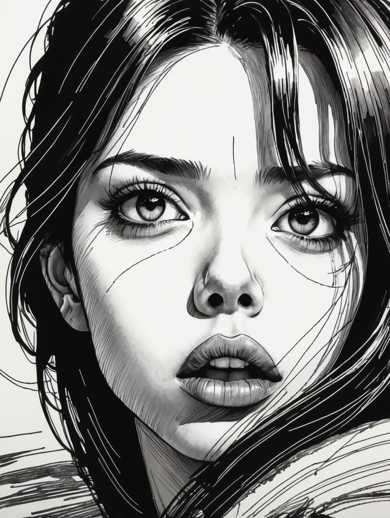 Scratchy pen strokes, blind contour, fisheye perspective closeup, beautiful girl, s face in darkness, stark hatch shaded sketchy scribbly, ink, strong angular shapes, woodcut shading, pen strokes, pouty lips, hungry eyes, minimalist realistic, anime proportions, distorted perspective