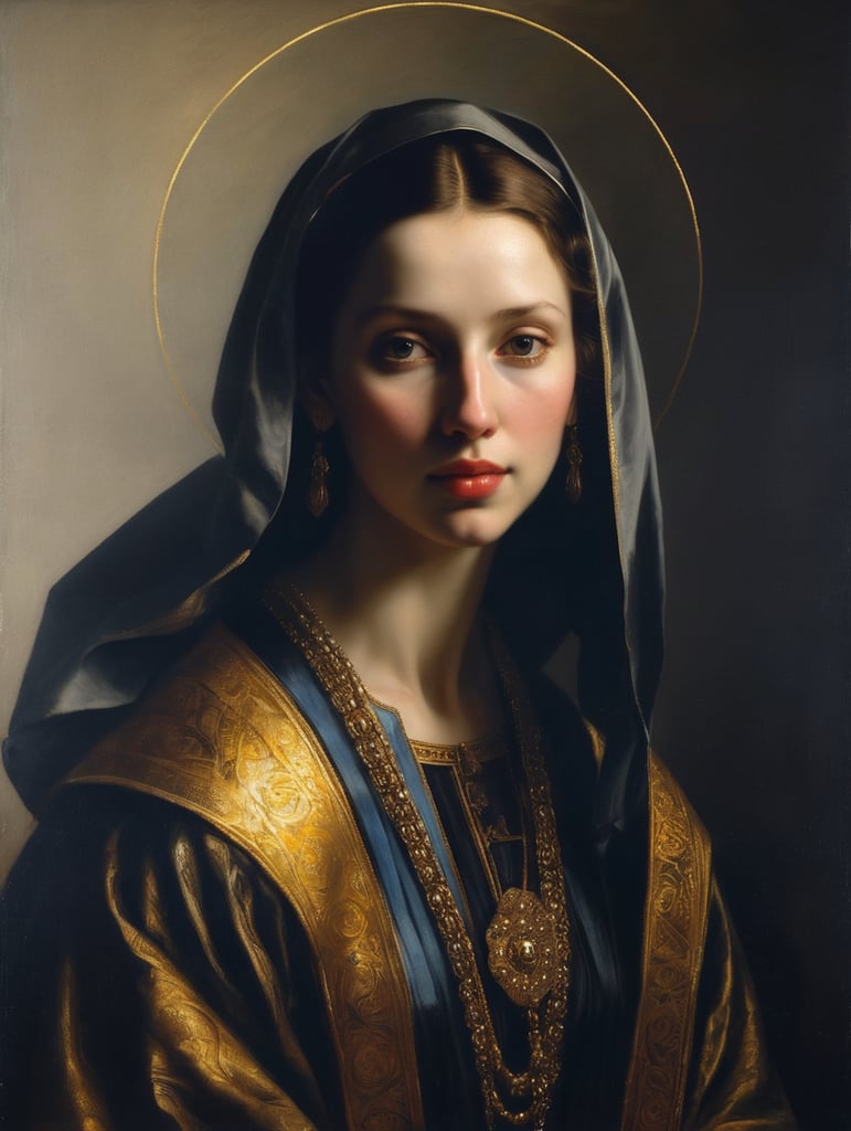 A masterpiece portrait by Rembrandt Van Rijn of a beautiful saint woman with an aureola